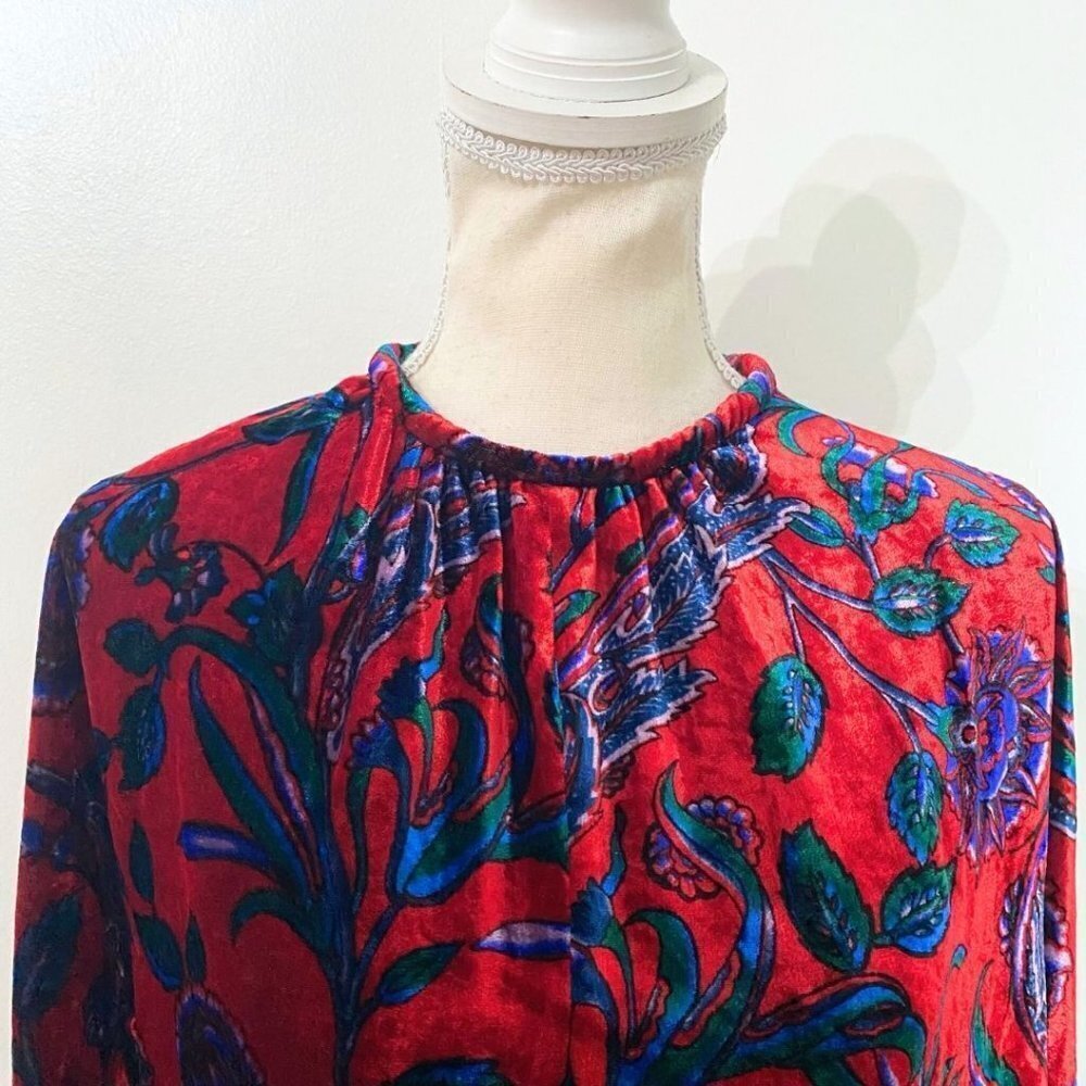 SANDRO PARIS RED BLUE GREEN FLORAL VELVET LONG TEE PULLOVER TOP - S (SIZE 1) - Picture 6 of 12